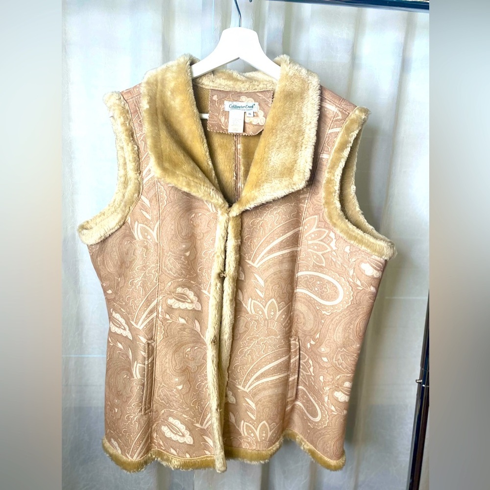 Coldwater Creek Vest Womens XL Beige Tan Faux Fur Lined Floral Pattern